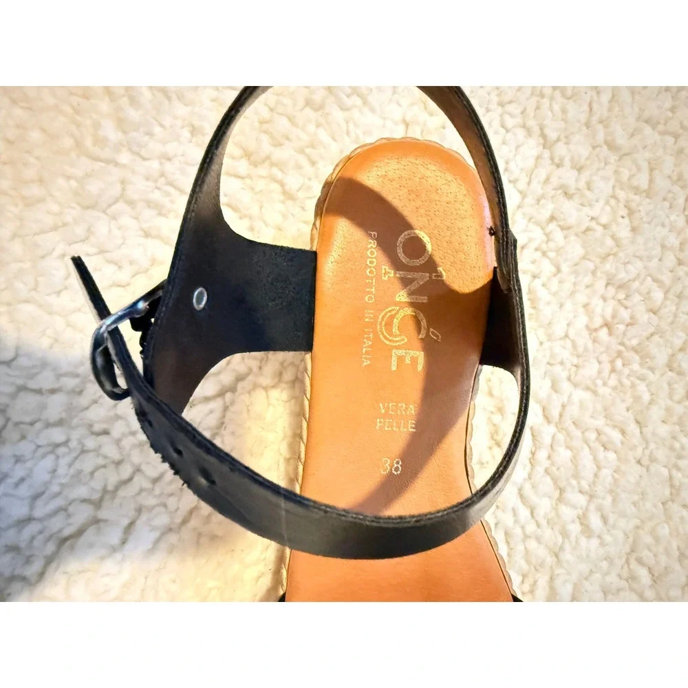 ONGE Black Italian Leather Platform Espadrille Wedge Sandals Vera Pelle Size 38